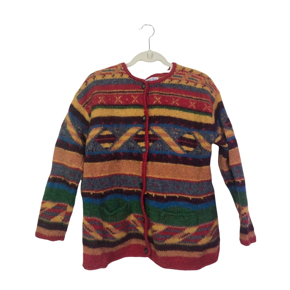 Vintage Valerie Stevens Wool Aztec Tribal Print Button Front Sweater Medium